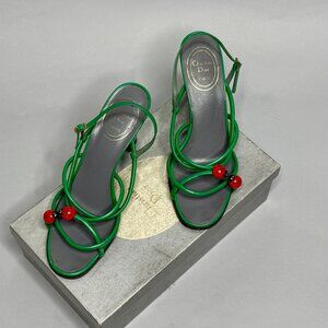 Dior Green Strappy Sandals with Red Cherry Accents